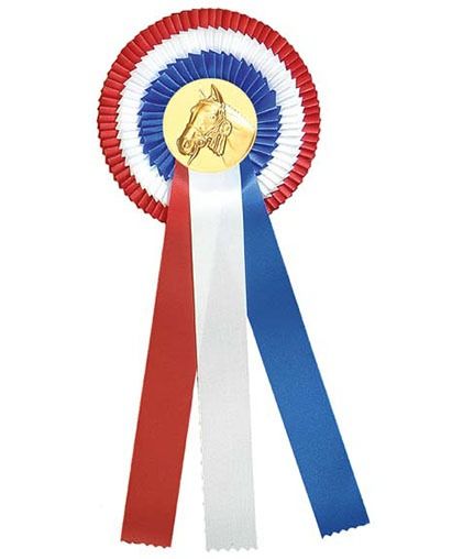 Rood, wit en blauw awardrozet met gouden medaille in het midden en drie linten.