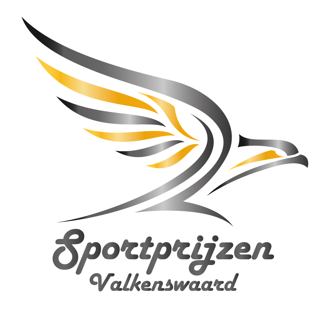 Stylized gray and gold bird logo with “Sportprijzen Valkenswaard” text
