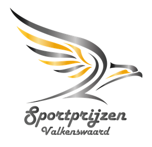 Stylized gray and gold bird logo with “Sportprijzen Valkenswaard” text