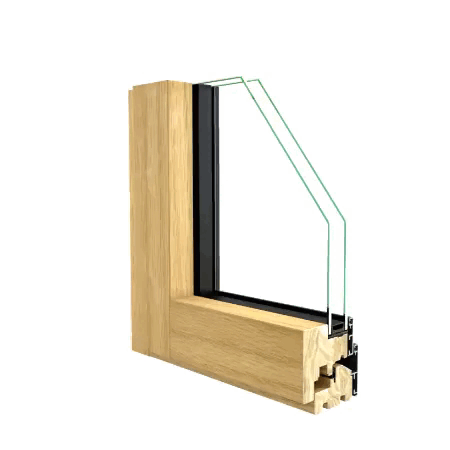 Sezione trasversale del telaio di una finestra in legno, che mostra i vetri e i dettagli costruttivi.