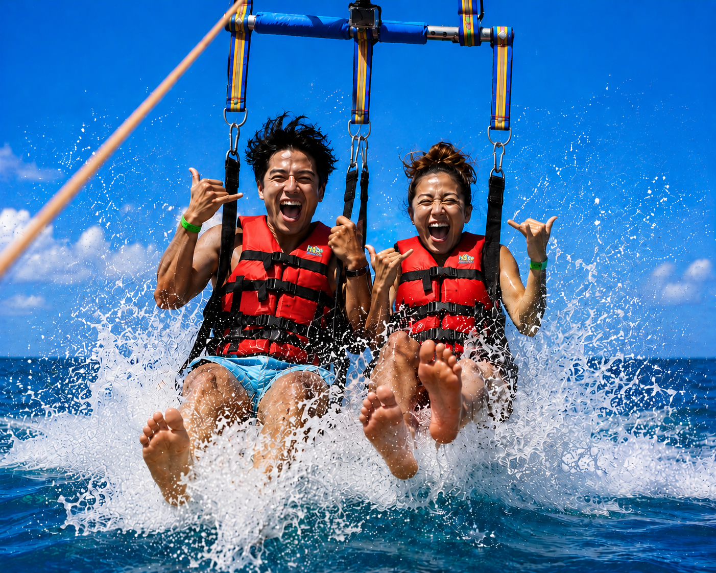 Two people in a parasail, splashing water and smiling.