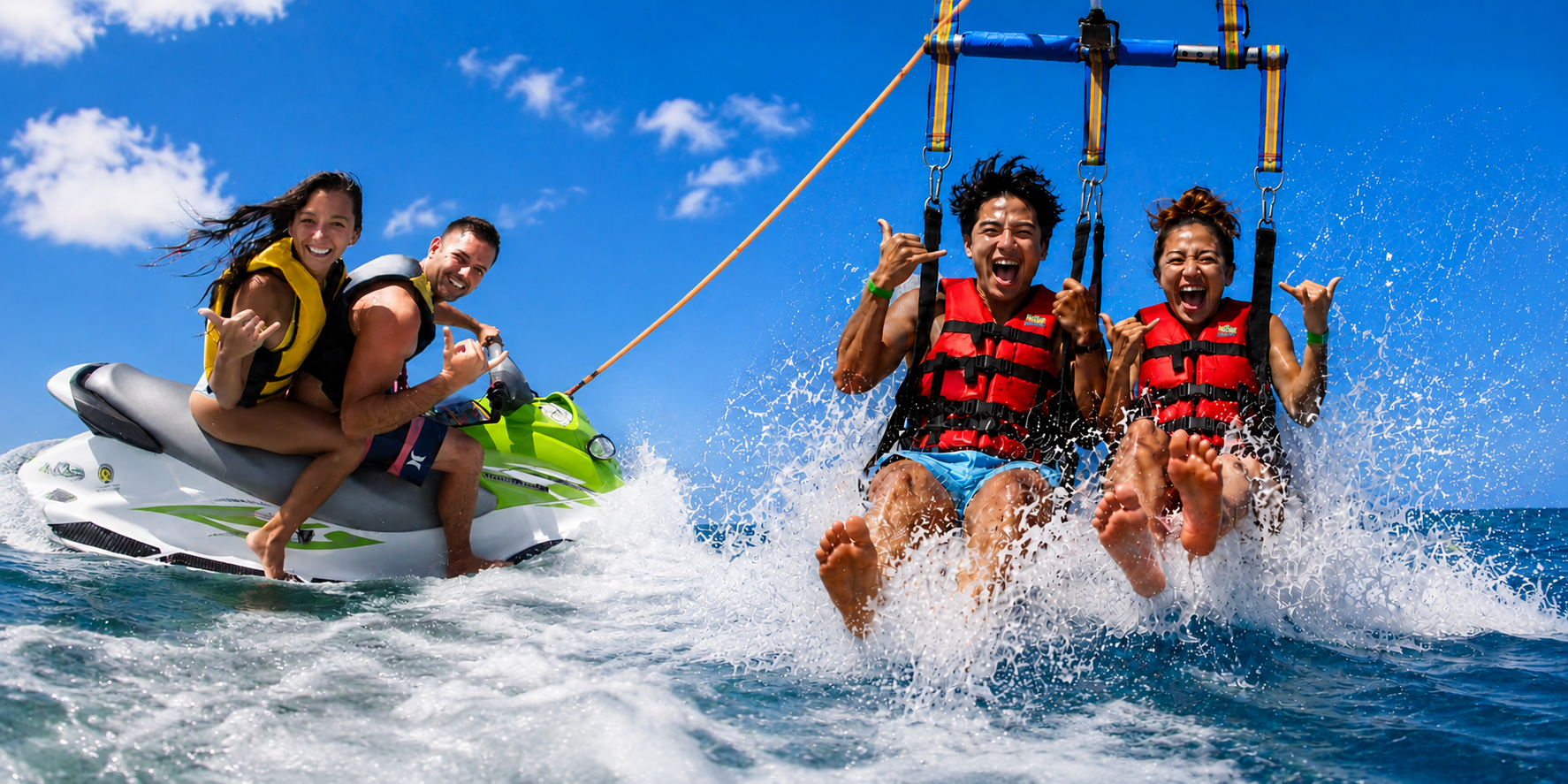 Two people on a jet ski and two peopele riding a parasail, smiling and splashing under a bright blue sky.