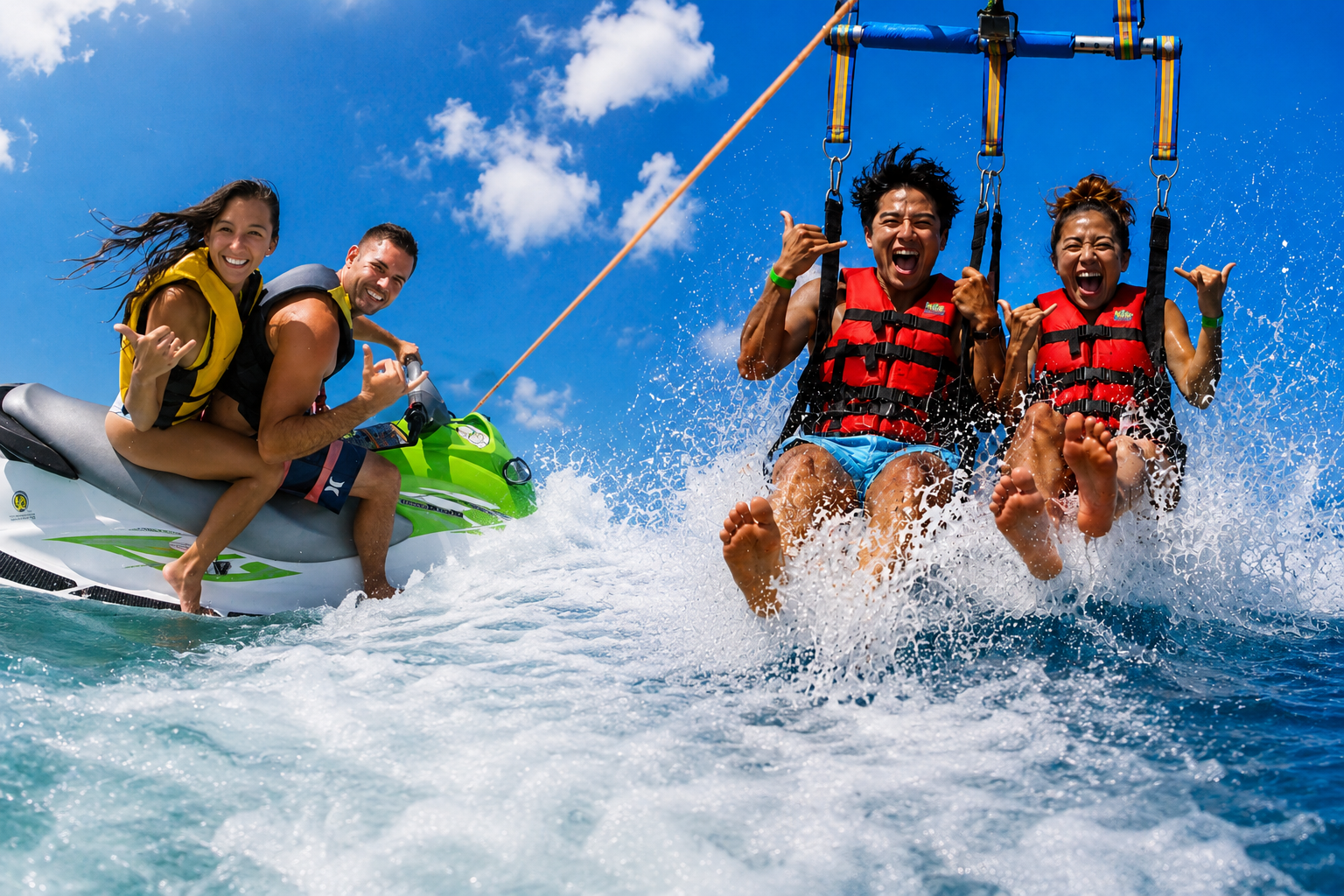 Two people on a jet ski and two peopele riding a parasail, smiling and splashing under a bright blue sky.