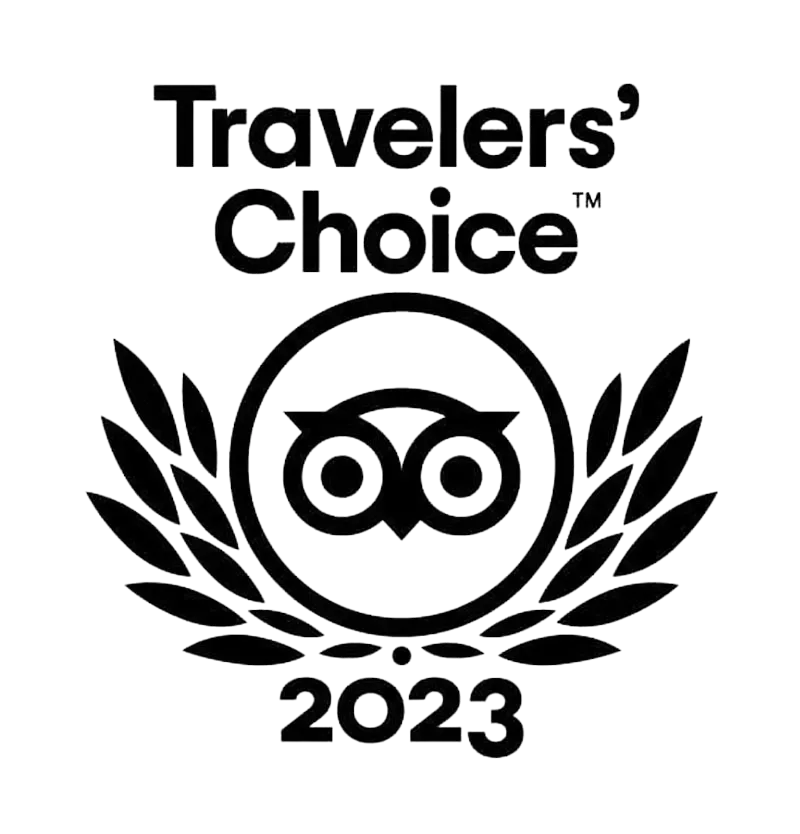 Tripadvisor Travelers’ Choice 2023 award logo in black with laurel wreath and owl icon
