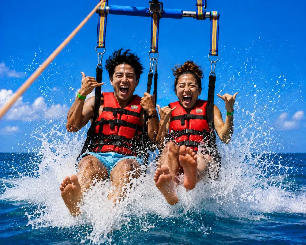 Two people parasailing over the ocean, splashing and smiling