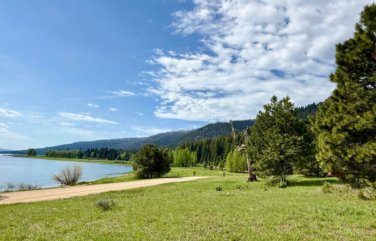 Sunny lakeside park with green grass, sandy shore, blue water, trees, and distant hills under a cloudy sky