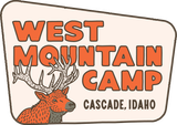 West Mountain Camp logo with orange text, a deer, and “Cascade, Idaho” on a beige sign