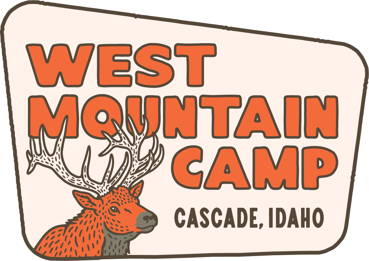 West Mountain Camp logo with orange text, a deer, and “Cascade, Idaho” on a beige sign