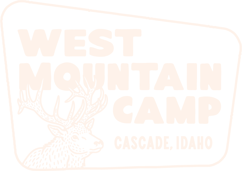 West Mountain Camp logo with elk, pale orange text, and Cascade, Idaho on a white background