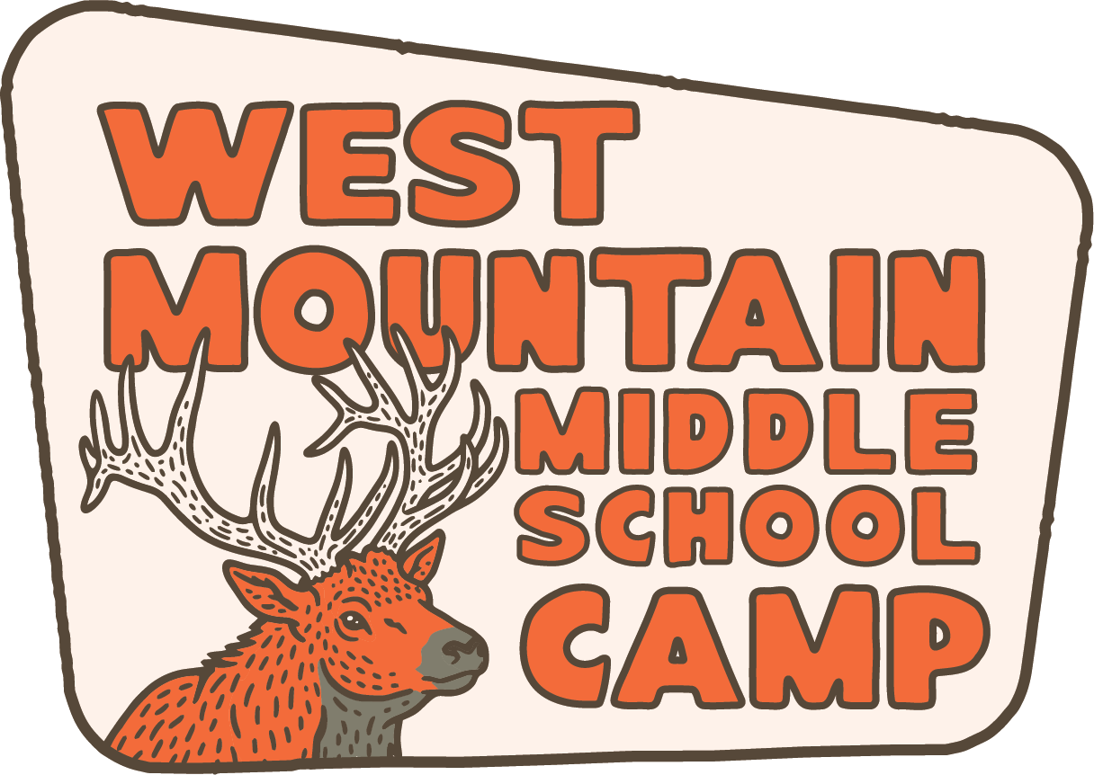 West Mountain Middle School Camp logo with orange text and a deer head on a white background