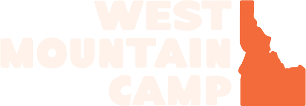 West Mountain Camp logo with pale orange text and an orange mountain silhouette
