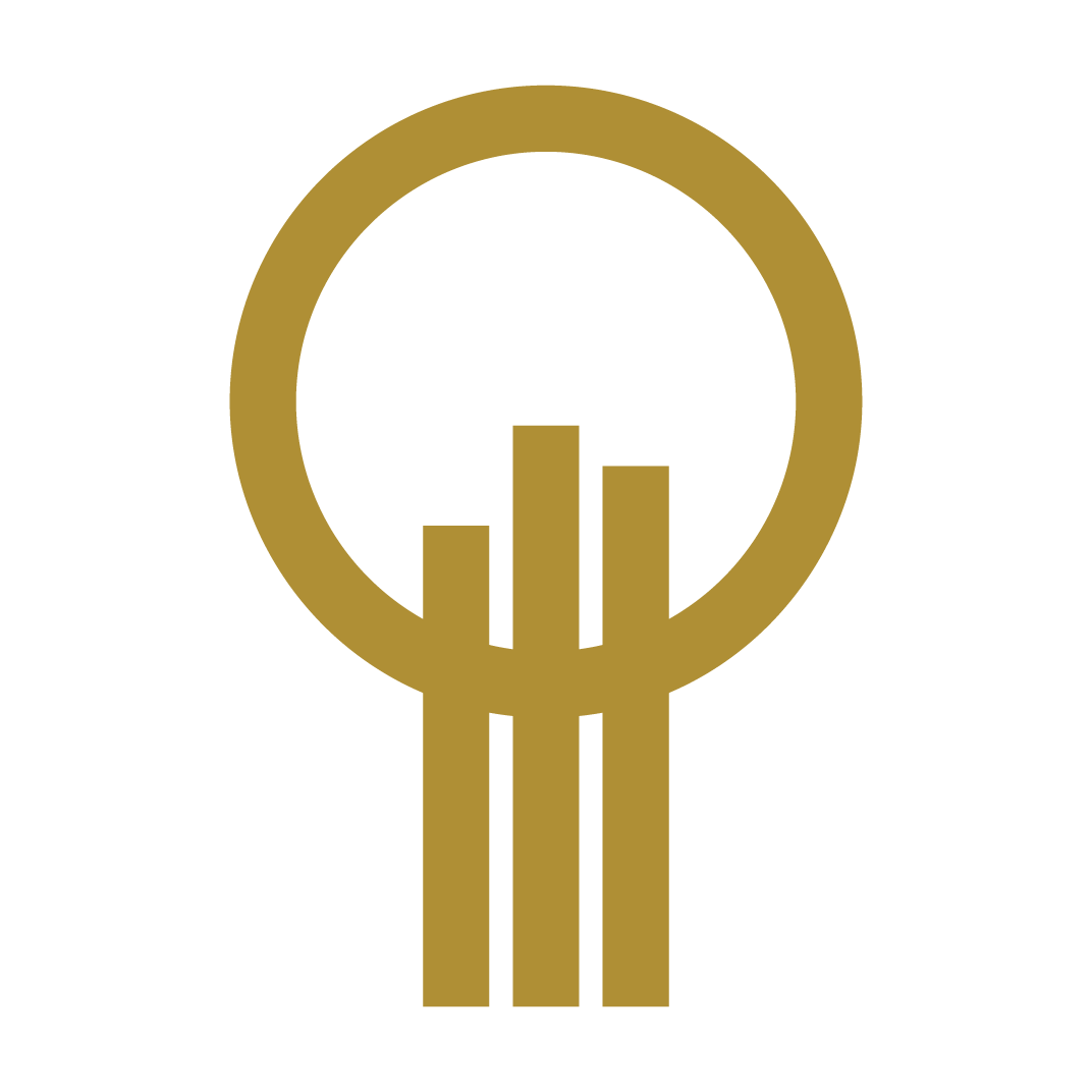 Gold circular logo with three vertical bars extending downward like a stylized monument or tower