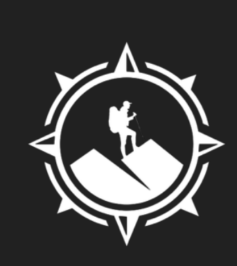 White hiker silhouette on mountain inside a compass-style circular emblem on dark background