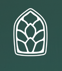 White floral emblem inside a pointed arch on a dark green background