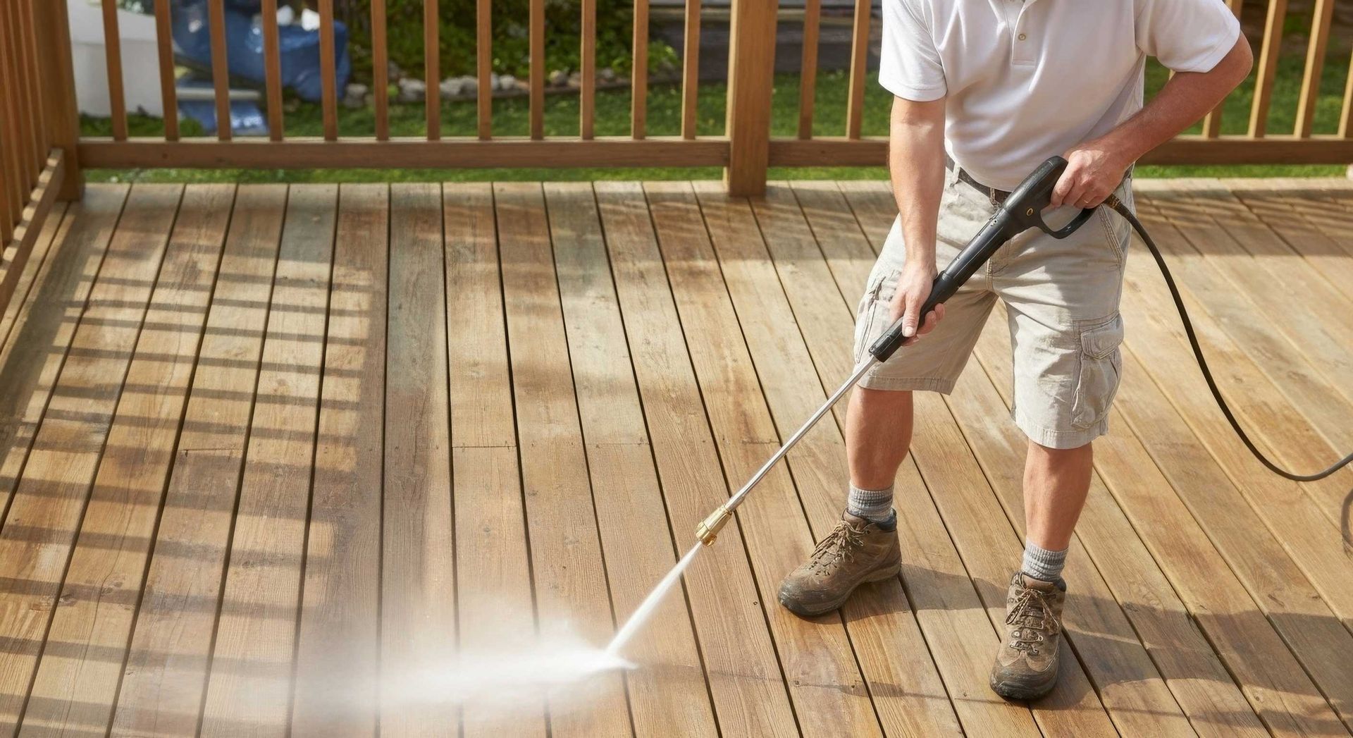 Local Handyman Doing Pressure Cleaning Toowoomba Outdoor Surfaces On A Suburban Property.