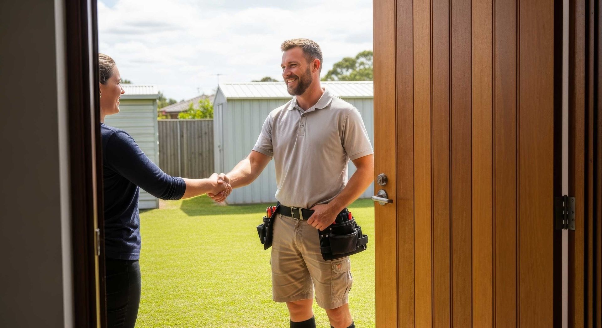 Happy Customer Shaking Hands With Handyman After Door Install Toowoomba