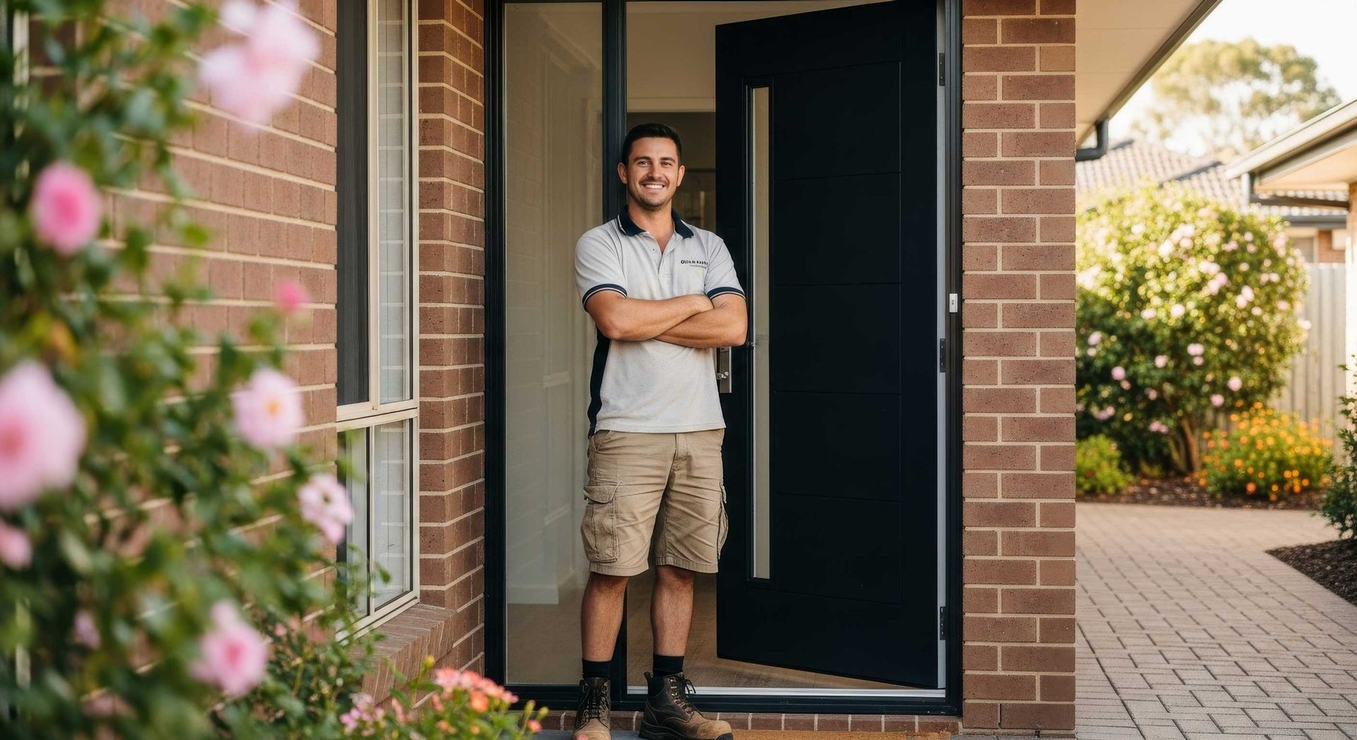 Steel Security Door Being Fitted To A Brick Home Exterior Toowoomba