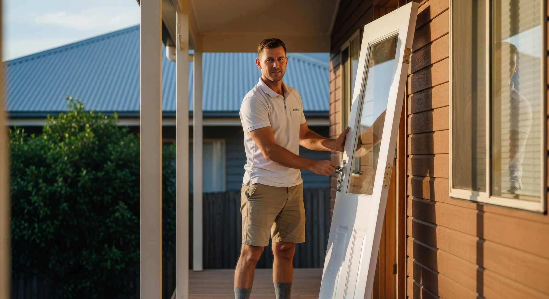 White Front Door Installation In A Sunny Residential Yard Toowoomba