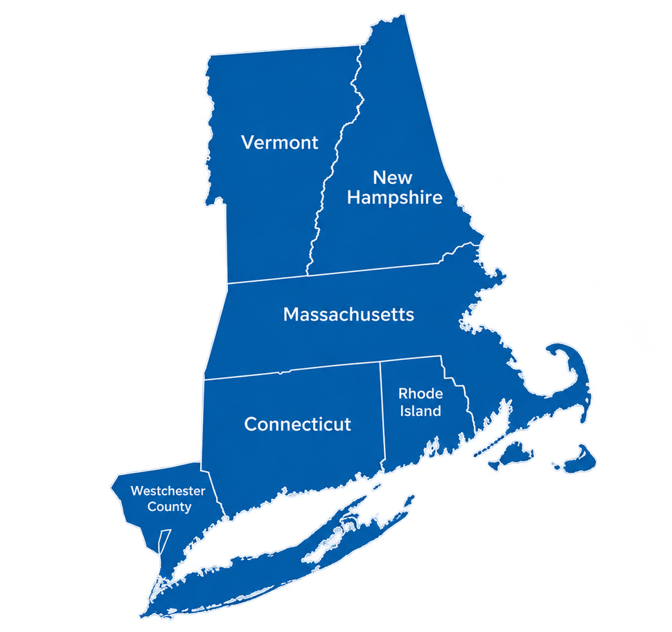 Blue map of New England states labeled Vermont, New Hampshire, Massachusetts, Connecticut, Rhode Island, and Maine