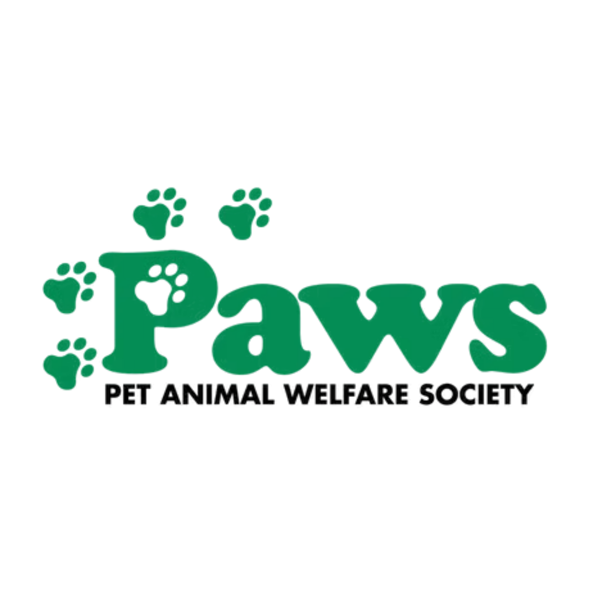 PAWS Pet Animal Welfare Society logo in green with paw prints on a white background
