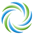Abstract circular swirl logo in blue and green on a white background