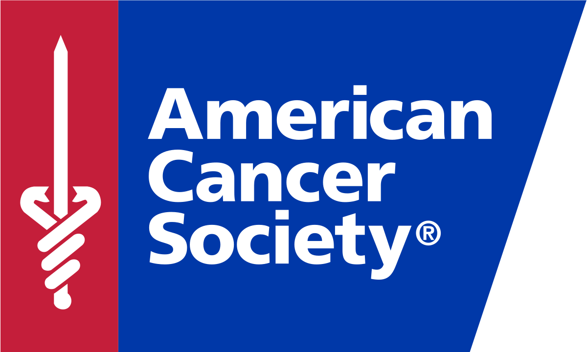 American Cancer Society logo with white text on blue and red background and ribbon icon