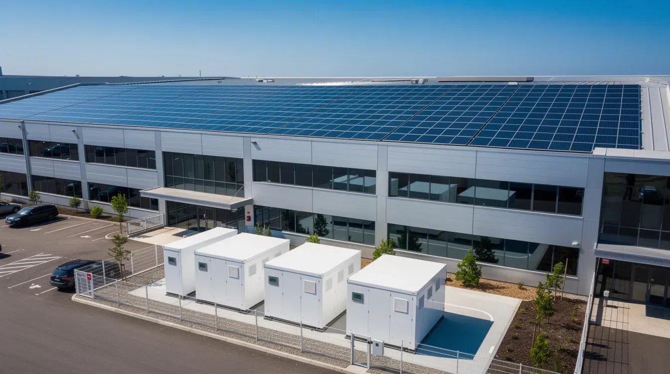 Commercial building with rooftop solar panels and battery energy storage systems.