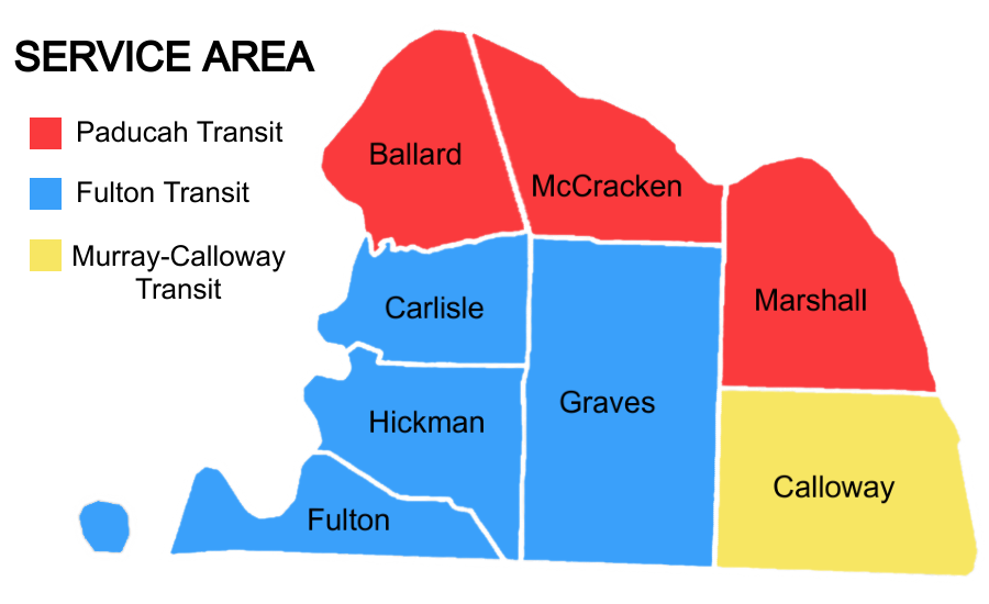 a map showing the service area and counties of paducah transit