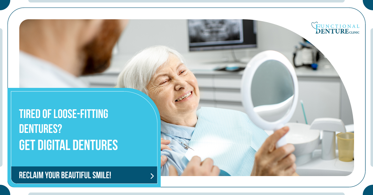 Woman smiles at her reflection in a dentist's office. Text: 
