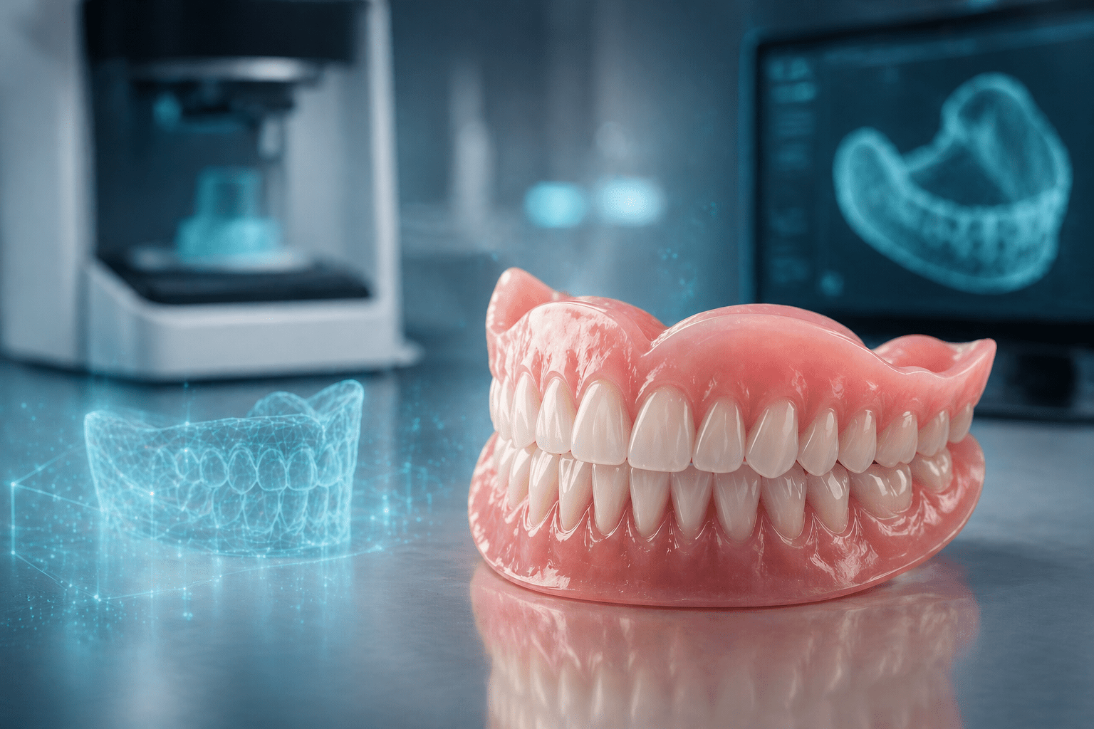 3D-printed dental dentures on a lab bench with a blue digital teeth display in the background
