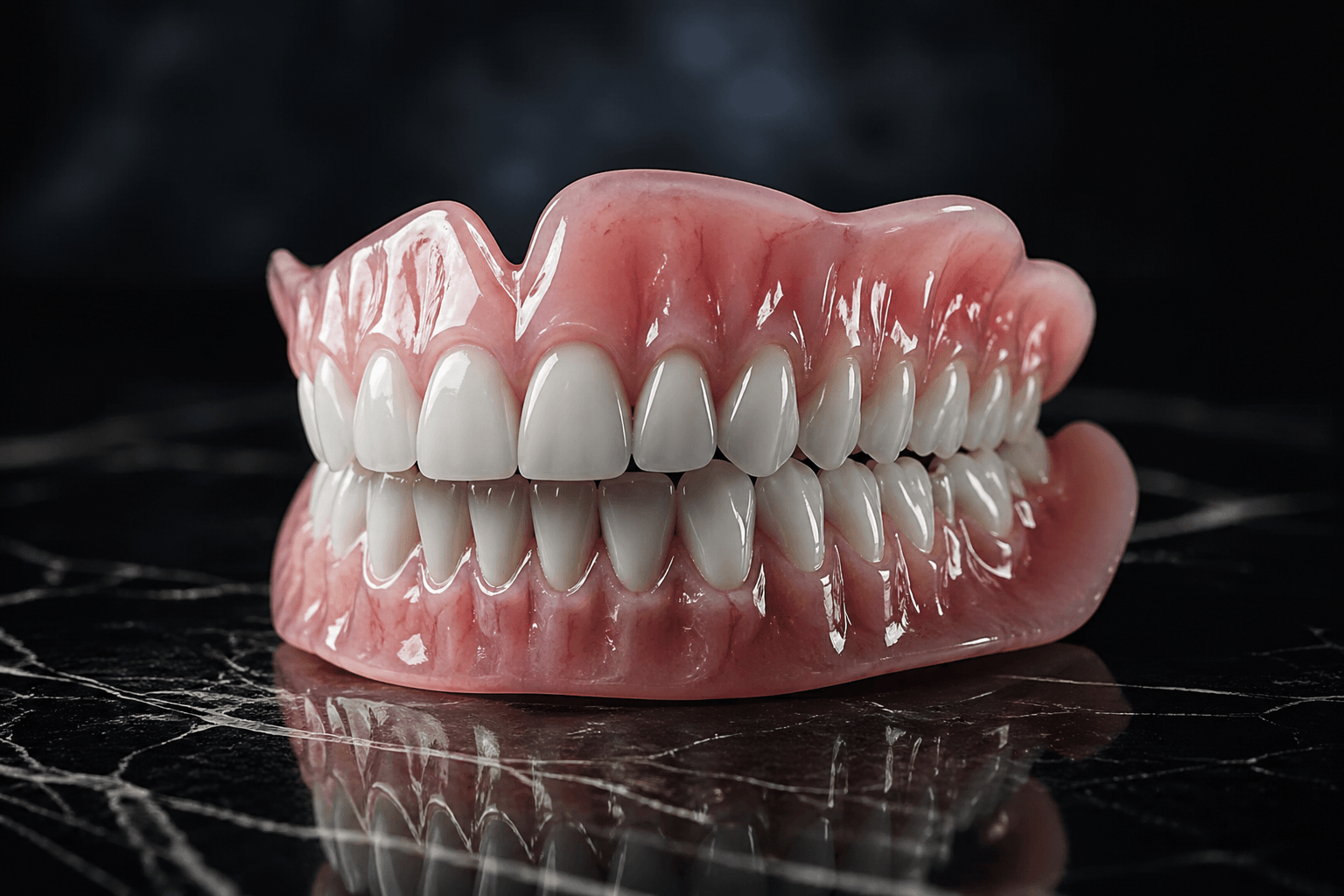 Full set of dentures, pink gum base with white teeth, on a white background.