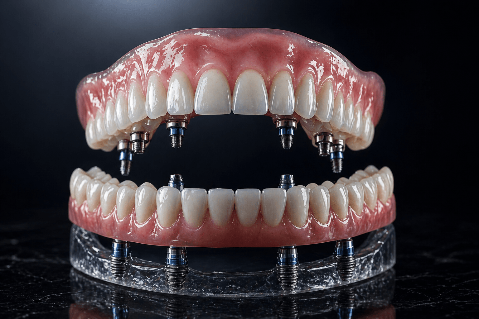 Upper and lower dentures with metal implants, displayed open on a dark reflective surface