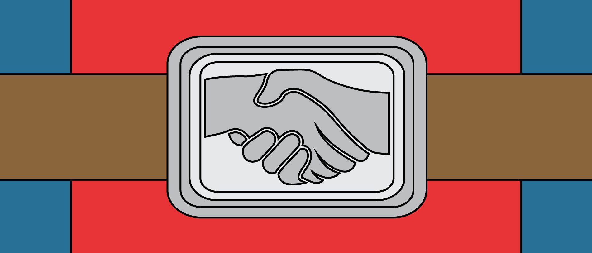 Superchum's belt buckle, which is two hands clasping in friendship