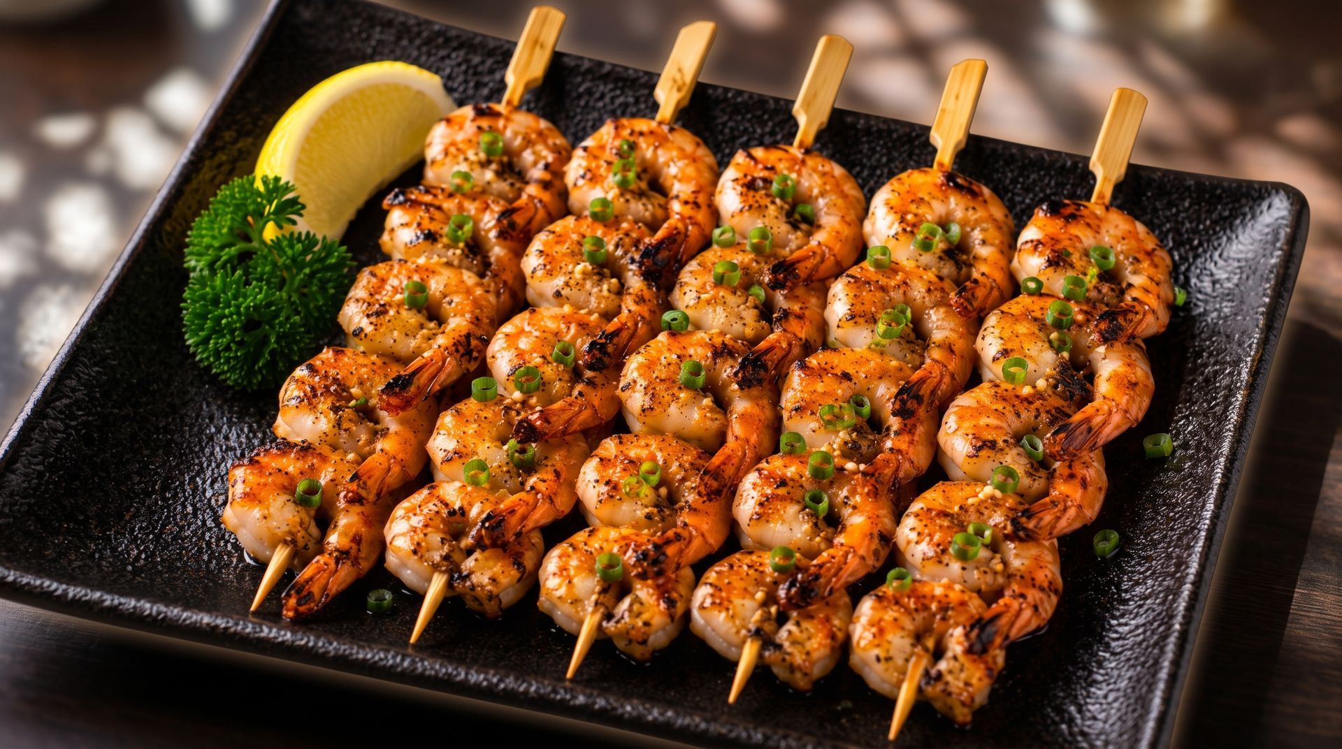 Grilled shrimp skewers on a black platter with lemon wedges and parsley garnish