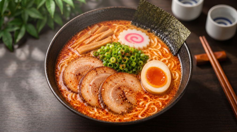 A bowl of spicy ramen with sliced pork, egg, corn, narutomaki, and chopsticks on a dark table