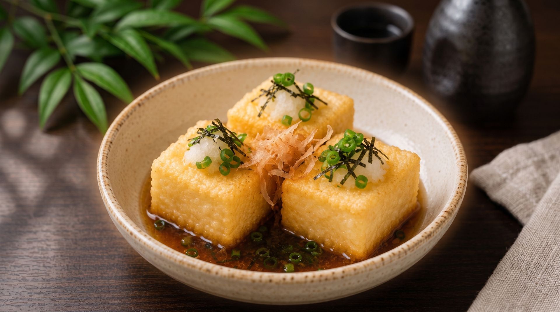 Golden tofu cubes topped with herbs in a shallow bowl of broth on a table