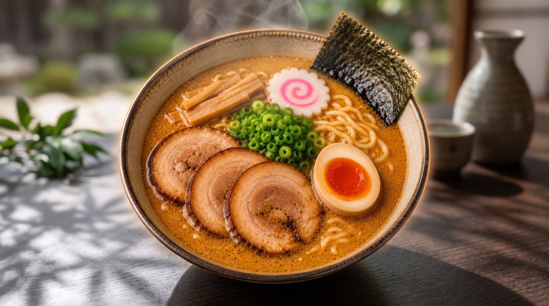 Ramen bowl with sliced pork, egg, scallions, narutomaki, and nori on a table by a window