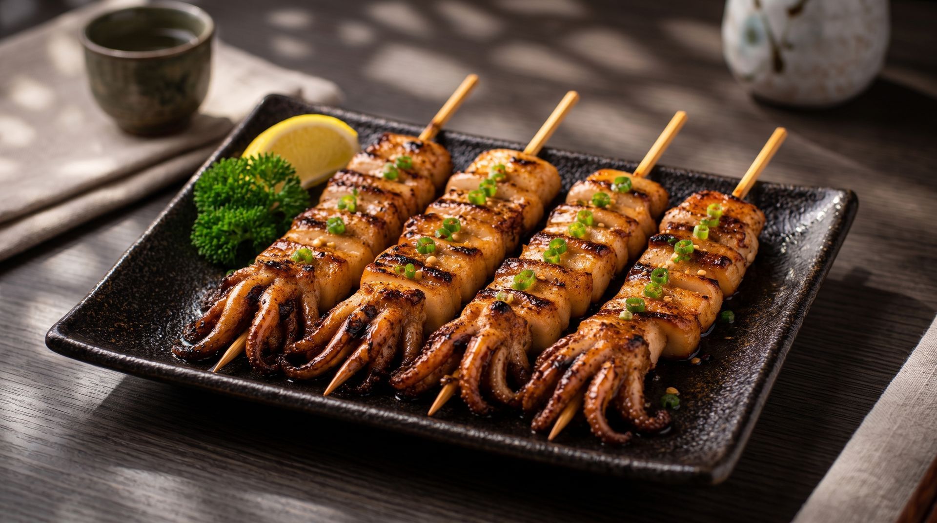 Grilled squid skewers on a black plate with lemon and broccoli garnish
