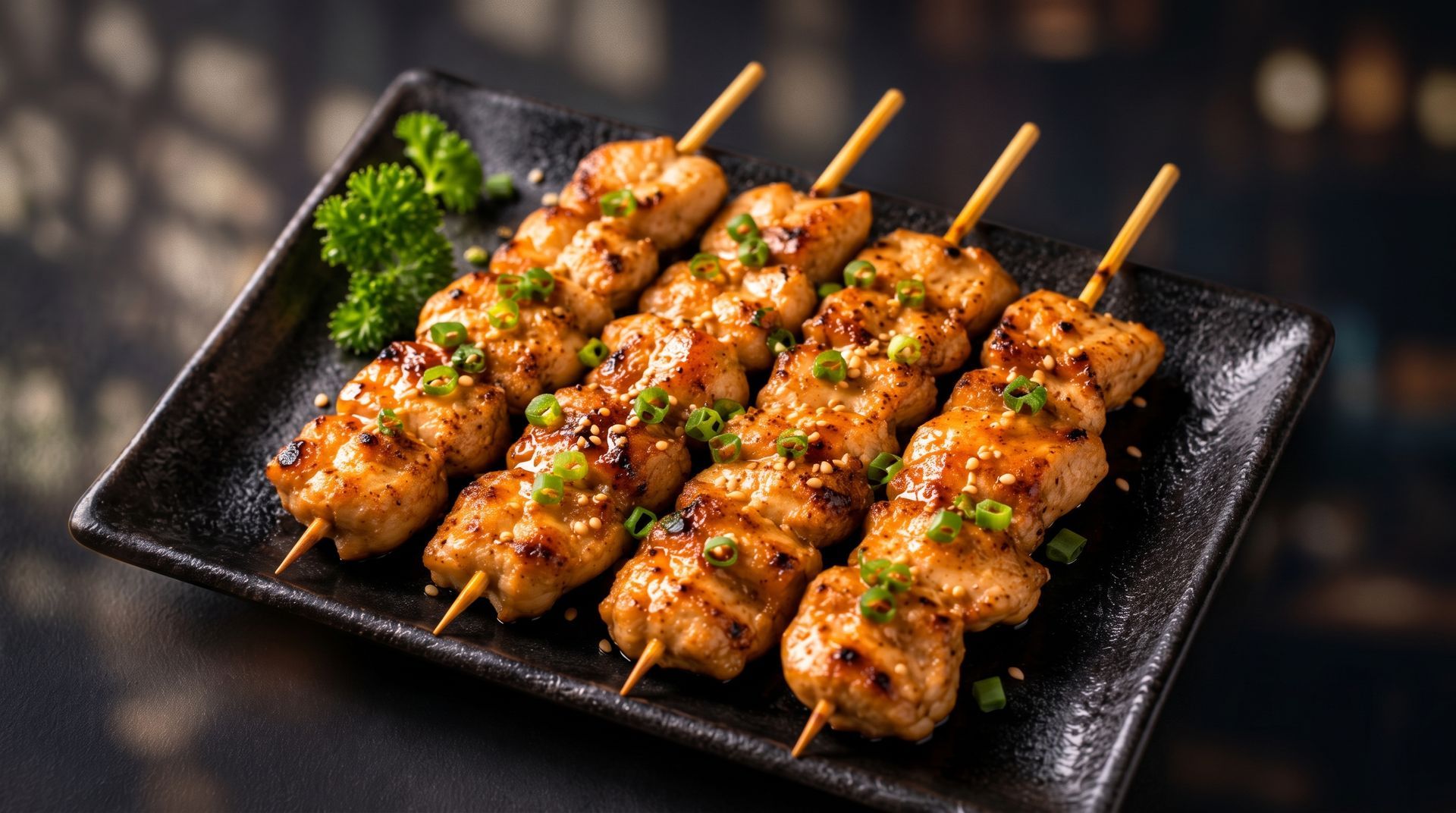 Grilled chicken skewers on a black plate, garnished with parsley on a dark background
