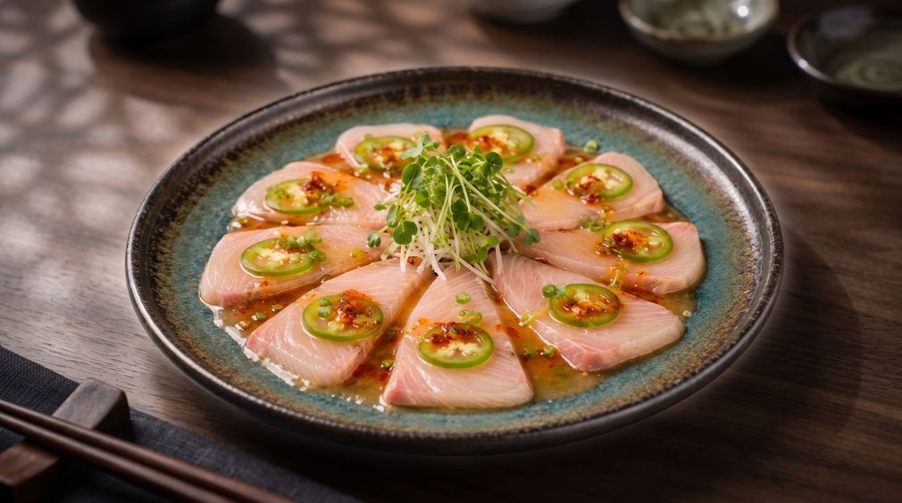 Plated sashimi with green garnish on a dark ceramic dish on a wooden table