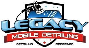 Legacy Mobile Detailing logo with blue car, red banner, and black-and-white shield emblem