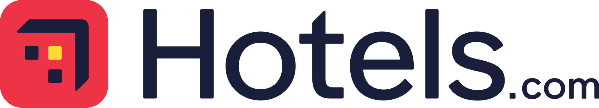 The Hotels.com logo, featuring a dark blue wordmark and a red rounded-square icon with a stylized arrow and light.