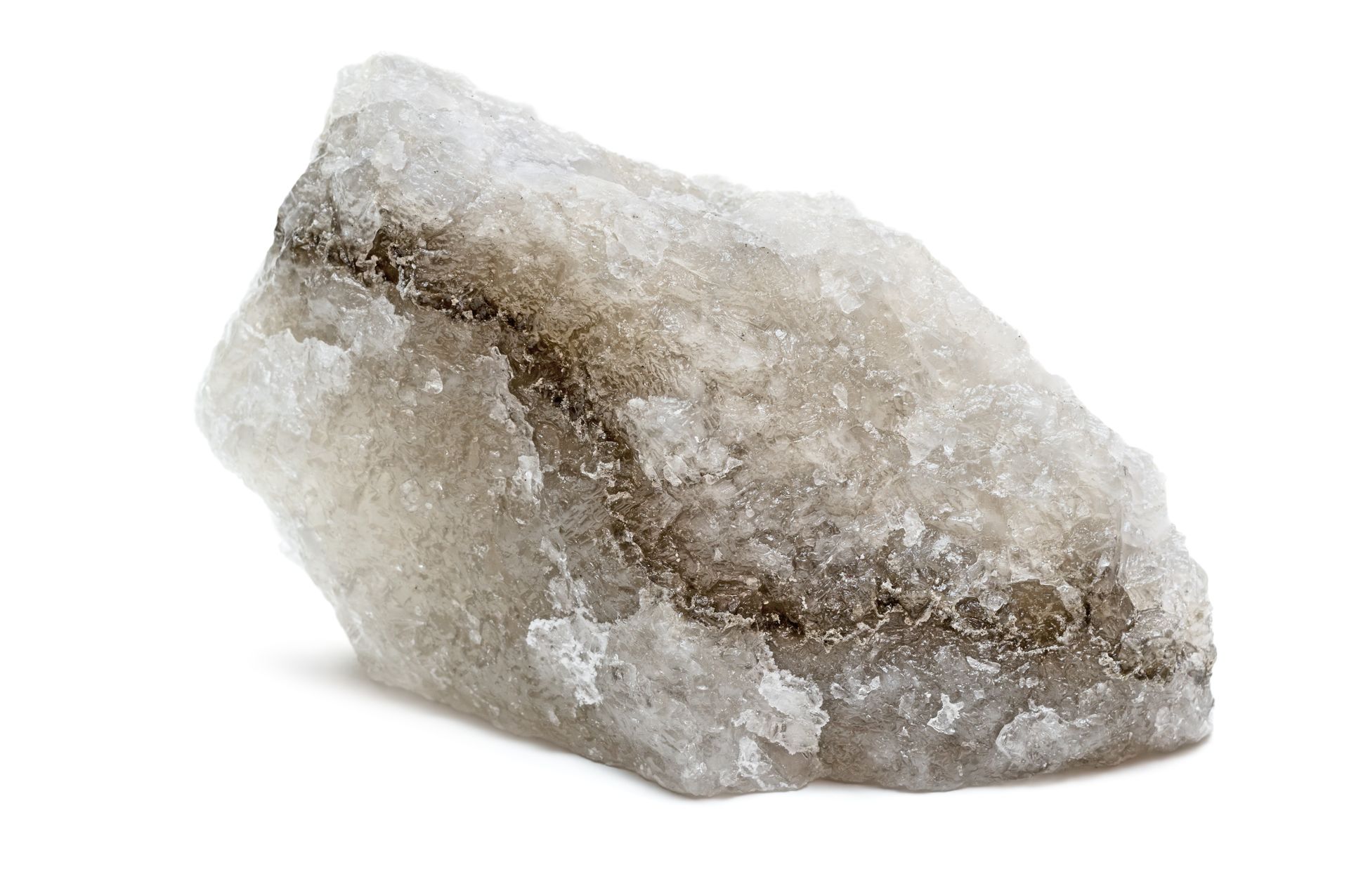 Tag Rough chunk of rock salt on a white background.