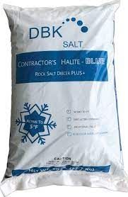 Bag of DBK Contractor's Halite Blue Rock Salt Deicer Plus, white and blue packaging, active to 5°F.