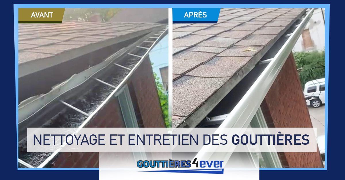 Une photo avant et après d'une gouttière sur un toit.