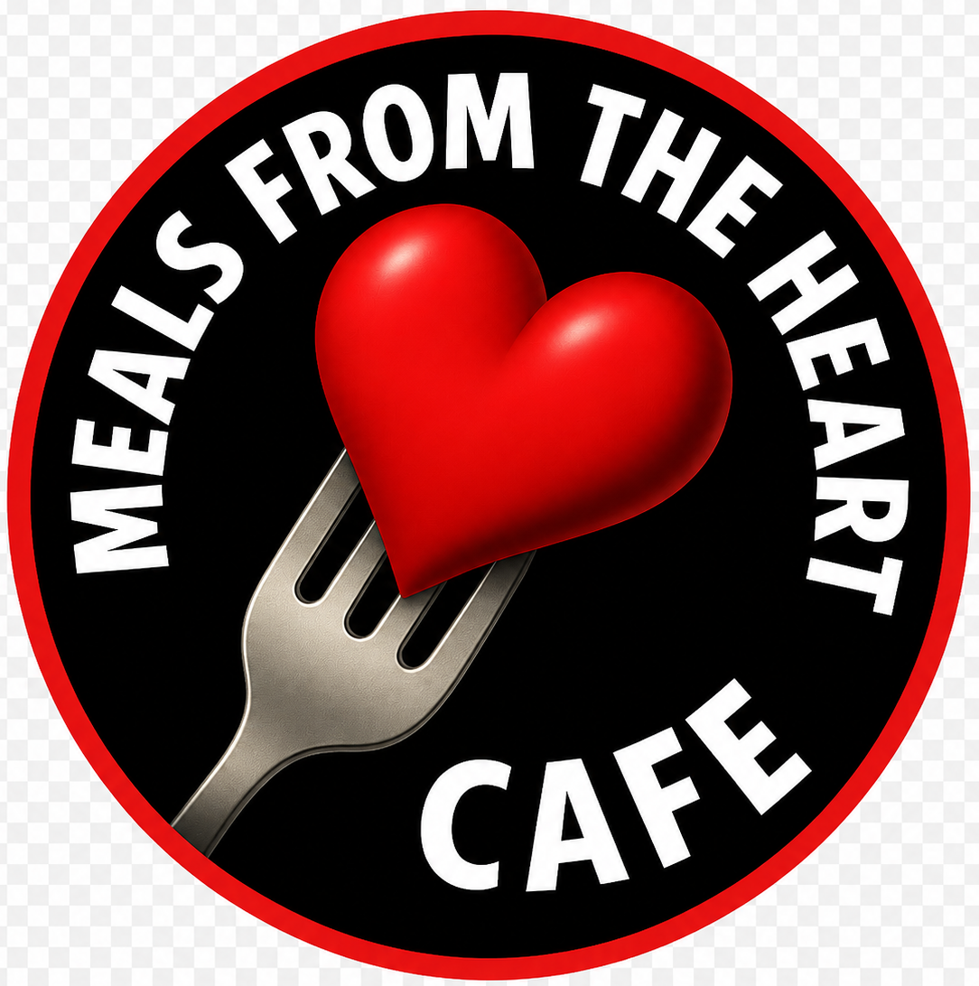 Meals from the Heart Cafe logo with red heart-shaped food and fork on black circle