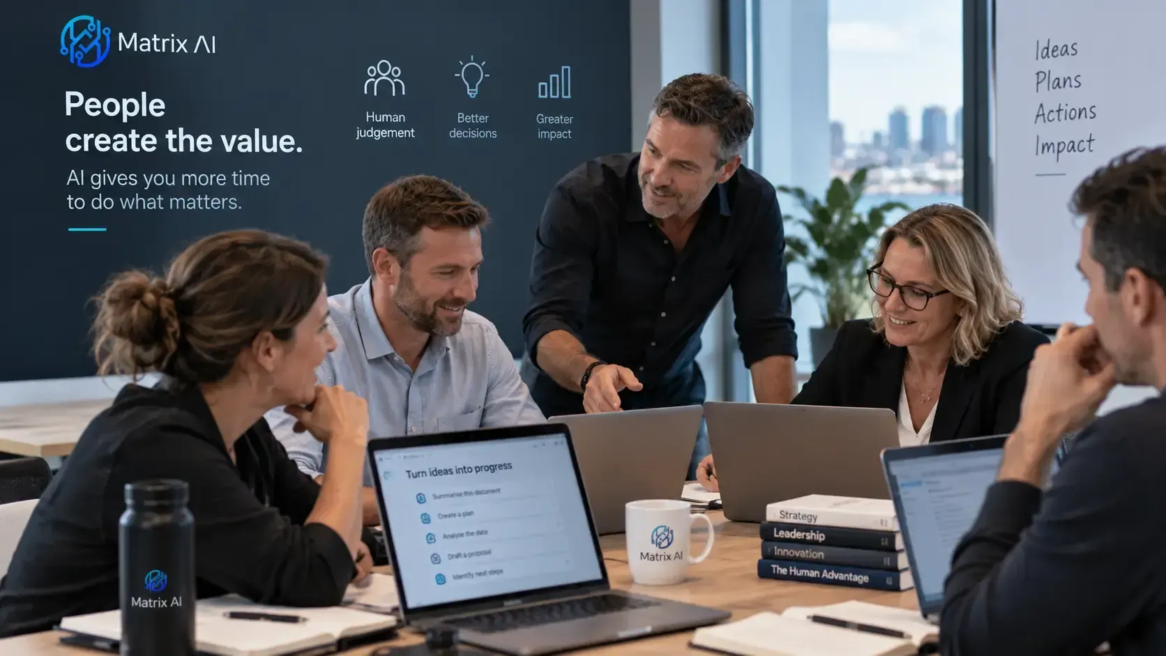 Business team working with AI while applying human judgement and decision making