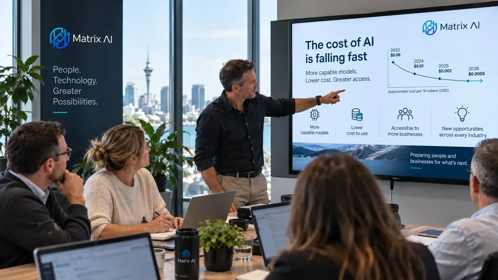 Business leaders exploring AI trends and the falling cost of artificial intelligence