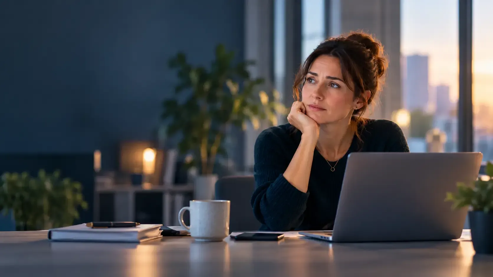 Office worker looking away from her laptop, deep in thought