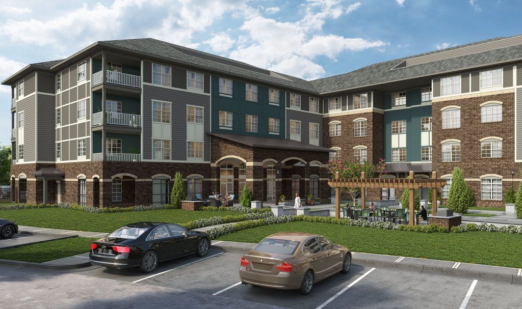 Multi-story apartment building with car parking in front. Exterior features brick, blue, and gray siding.